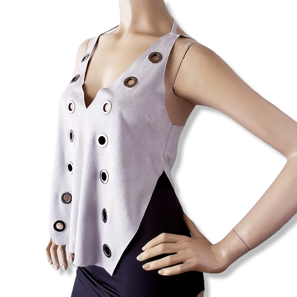 Milkyway Light Gray Grommet Detail Faux Suede Raw Hem Assymetrical Top